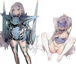 agaver123 armpits arms_up ass_visible_through_thighs covered_eyes eyebrows_visible_through_hair fairy_knight_lancelot_(fate) fate/grand_order fate_(series) female highres lips long_hair melusine_(fate) nipples panties simple_background spread_legs thighhighs thong underwear veil_over_eyes very_long_hair white_background white_hair white_panties yellow_eyes