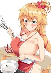 akai_haato apron_only big_breasts blonde_hair blush breast_milk breasts cooking heart_hair_ornament hololive hololive_gen_1 hololive_japan kosuke_(bb) lactation light_blue_eyes long_hair naked_apron nipple nipple_bulge nipples red_apron tarantula virtual_youtuber