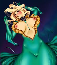 breasts female gurokitty jewelry league_of_legends marai mermaid monster_girl naked nami_(league_of_legends) necklace nude red_eyes