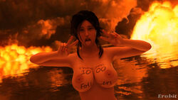 1girls 3d big_breasts bodypaint brown_hair erobit eye_contact female fire hands_up lara_croft lara_croft_(survivor) naked nipples nude open_mouth peace_sign tagme tomb_raider tongue_out water