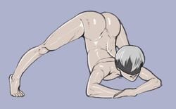 1boy ass ass_up back bent_over blindfold femboy gay grey_hair jack-o_pose jackochallenge lovettica male_focus male_only nier:_automata nude short_hair simple_background solo spread_legs top-down_bottom-up yaoi yorha_9s