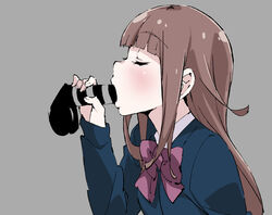 1boy bar_censor blue_jacket blush bow bowtie brown_hair censored closed_eyes eyebrows_visible_through_hair fellatio female from_side grey_background jacket long_hair long_sleeves oral original penis pink_bow pink_neckwear school_uniform simple_background solo_focus straight tabata_hisayuki upper_body