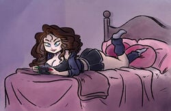 1girls black_bra blue_eyes bra brown_hair cleavage leg_warmers lying_on_bed lying_on_stomach mr-dna nintendo_switch on_bed playing_videogame sfw short_shorts socks solo tagme