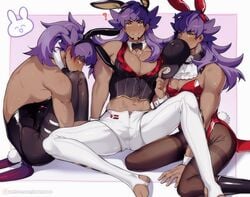 1boy ? amber_eyes ambush_(trap) barefoot blush bunny_boy bunny_ears bunny_tail bunnysuit dark-skinned_male dark_skin detached_collar embarrassed leon_(pokemon) long_hair looking_at_viewer maemoooo male male_only muscular muscular_male neck_ribbon nintendo pants pantyhose pectorals pokemon pokemon_ss purple_hair shorts solo solo_male suit tears