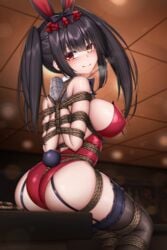 1girls back black_hair blurry_background bondage bound bound_arms bunny_costume bunny_ears bunny_girl bunny_tail bunnysuit date_a_live female female_focus female_only garter garter_belt happy_sub highres looking_at_viewer plusout red_eyes rope rope_bondage shibari shibari_over_clothes side_view sideboob sitting smile smiling solo solo_female solo_focus steam taped_hands thighhighs tokisaki_kurumi willing_sub yellow_eyes