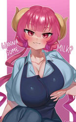 1girls apron big_breasts breast_grab breast_squeeze dialogue dragon_girl dragon_horns english_text engrish fangs female female_only horns ilulu_(dragon_maid) large_breasts looking_at_viewer miss_kobayashi's_dragon_maid narrowed_eyes nia_(nia4294) pink_eyes pink_hair shirt slit_pupils smiling smiling_at_viewer solo solo_female solo_focus twintails very_high_resolution