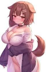 1girls animal_collar big_breasts bottomless brown_hair cleavage deaver dog_ears dog_girl dog_tail hazel_eyes hololive hololive_gamers hololive_japan inugami_korone kemonomimi large_breasts open_shirt outfit_swap solo_female virtual_youtuber