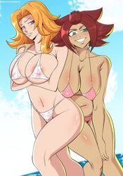 2girls areolae big_breasts bikini bleach blonde_hair commission green_eyes grey_eyes haineko laundrymom light-skinned_female light_skin looking_at_viewer matsumoto_rangiku multiple_girls navel red_hair shoulder_length_hair shounen_jump smile tan_skin