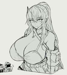 alternate_costume alternate_hairstyle arknights big_breasts demon_girl doctor_(arknights) horn hoshiguma_(arknights) huge_breasts looking_at_viewer melon22 oni oni_horns ponytail sketch swimsuit swire_(arknights)