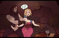 2boys big_breasts blonde_hair blue_eyes female gorgo_(psychotey) half-elf hand_on_throat handjob learoth_(psychotey) lip_licking madeleine_(psychotey) muscular muscular_male orc orc_male original_character pink_dress prostitute prostitution psychotey tongue_out