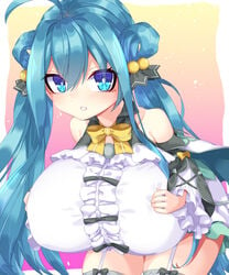 bending big_breasts blue_eyes blue_hair breasts hands_on_breasts looking_at_viewer thick_thighs thighs ziyuujin