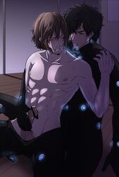 2boys black_hair blush brown_hair censored closed_eyes curly_hair erection facial_hair first_porn_of_character from_behind gantz gantz_suit gay goatee hachiro_oka handjob kazuo_kuwabara male male_only messy_hair muscular penis reach_around sweat topless yaoi zackey