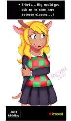 1girls 2d animal_ears anthro anthro_female anthro_only antlers blonde_hair deltarune dialogue dialogue_box english_text female female_only freckles furry furry_female furry_only game_ui gameplay_mechanics humanoid humanoid_female humanoid_only mammal mammal_humanoid nekomatic noelle_holiday shy solo talking text undertale_(series)