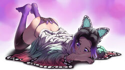 1girls ass_up black_hair butterfly_hair_ornament demon_slayer feet_up female female_only haori kimetsu_no_yaiba kochou_shinobu lace-trimmed_panties lace-trimmed_thighhighs lace_panties light-skinned_female light_skin lingerie looking_at_viewer nodrog_(111nodrog) on_stomach panties purple_eyes purple_legwear purple_panties solo thighhighs two_tone_hair