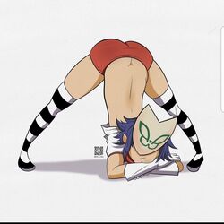 1girls blue_hair dress_down fully_clothed gorillaz harrisartz jack-o_pose jackochallenge mask noodle_(gorillaz) noodle_(plastic_beach) panties posing qr_code red_panties solo striped_legwear thighhighs