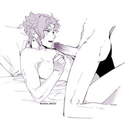 2boys blush dripping dripping_precum erection jojo's_bizarre_adventure jotaro_kujo male male/male male_focus male_only monochrome noriaki_kakyoin on_bed oral penis_on_face penis_on_pecs penis_out shy stardust_crusaders veiny_penis yaoi