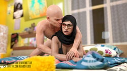 1boy 1girls 3d angry arabian bald bed bedroom blender bra brown_eyes brown_skin daz_studio eyelashes female from_behind glasses grabbing hijab holding lingerie lipstick lying_on_bed lying_on_person male mia_khalifa muslim nude_male porn_star sex straight vforvendettav white_body white_skin