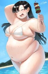 1girls ass bbw belly belly_button big_ass big_belly black_hair breasts chubby chubby_female closed_eyes fat female female_only food huge_belly massive_belly oruka_(kamituki0827) overweight overweight_female smile solo swimsuit thick_thighs