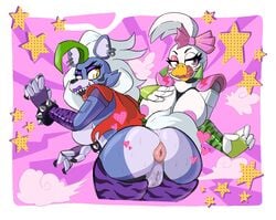 2girls 80's_theme animatronic anthro anus ass beak big_ass big_breasts big_butt bird black_nose bow_tie bracelet breasts bubble_butt chicken claws ear_piercing earrings fingerless_gloves five_nights_at_freddy's five_nights_at_freddy's:_security_breach furry galliform glamrock_chica_(fnaf) green_hair grey_body grey_fur handwear heart huge_ass humanoid jewelry lips long_hair looking_at_viewer looking_back mammal multicolored_hair narrowed_eyes nipples pink_eyes purple_body pussy roxanne_wolf_(fnaf) scottgames seductive_look sharp_teeth shoulder_pads sideboob simple_background slimewiz spikes stars steel_wool_studios stockings sweaty sweaty_ass sweaty_butt tail talking_to_viewer textless tongue tongue_out two_tone_body two_tone_fur wet wet_pussy white_body white_feathers white_fur white_hair wolf wolf_ears wolf_humanoid wolf_tail wrist_cuffs yellow_eyes