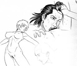 1boy 1girls bar_censor big_breasts bodily_fluids breasts censored cunnilingus female gantz gantzcraziness hair_grab hair_slicked_back kei_kishimoto male masaru_kato monochrome one_eye_closed oral pussy pussy_juice sketch sketch_page