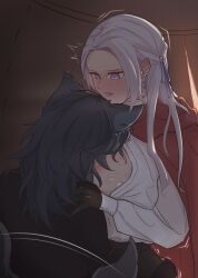 2girls animal_ears bite_mark breasts byleth_(fire_emblem) byleth_(fire_emblem)_(female) cleavage edelgard_von_hresvelg face_between_breasts female fire_emblem fire_emblem:_three_houses little_red_riding_hood_(copyright) long_hair nintendo teal_hair tinggg white_hair wolf_ears wolf_tail yuri