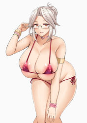 1girls 2021 alternate_costume areola areola_slip bent_over big_breasts bracelet breasts choker cleavage covered_erect_nipples covered_nipples erect_nipple female female_focus female_only glasses hair_bun heart_choker huge_breasts kusano_(torisukerabasu) labiata_prototype_(last_origin) labiata_prototype_(micro_bikini)_(last_origin) last_origin light-skinned_female light_skin looking_at_viewer micro_bikini micro_bikini_top nipple_bulge nipples official_alternate_costume open_mouth red_bikini red_bikini_bottom red_bikini_top simple_background solo thick_thighs thighs white_background