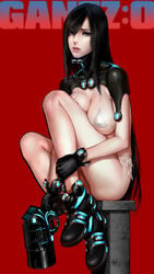 as109 big_breasts bikini black_hair boots female female_only gantz gantz_suit gloves gun latex latex_gloves latex_suit long_hair looking_at_viewer micro_bikini red_background rubber rubber_suit sad shimohira_reika sitting solo white_bikini