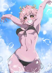 1girls :d alternate_costume arms_up bikini black_bikini black_sclera blue_sky cameltoe cloud colored_sclera colored_skin day erect_nipples erect_nipples_under_clothes eyebrows_visible_through_hair front-tie_top gluteal_fold highres horns light_blush looking_at_viewer mina_ashido my_hero_academia navel open_mouth outdoors pink_female pink_hair pink_skin shinonome_moz9 short_hair short_pink_hair side-tie_bikini side-tie_bottom sky smile solo solo_focus splashing stomach sunlight swimsuit teeth water water_drop yellow_eyes