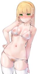 >:) absurdres ass_visible_through_thighs bangs bikini blonde_hair blonde_pubic_hair blush breasts closed_mouth collarbone commentary_request cowboy_shot drill_hair eyebrows_visible_through_hair female female_pubic_hair green_eyes hairband hand_on_hip heanna_sumire highres long_hair looking_at_viewer love_live! love_live!_superstar!! medium_breasts nasuno_(nasuno42) navel nipples nose_blush pubic_hair see-through side-tie_bikini skindentation smile solo standing string_bikini swimsuit thighhighs v-shaped_eyebrows white_background white_bikini white_legwear