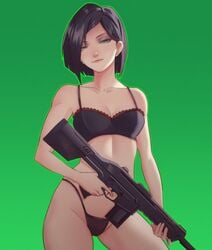 1girls bare_shoulders black_hair black_panties bra cleavage collar green_background green_eyes gun lingerie medium_breasts medium_hair panties pomelomelon smile solo underwear valorant viper_(valorant)