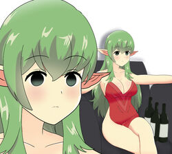 1girls alcohol alternate_hairstyle bare_arms bare_legs bare_shoulders bare_thighs bottomless cleavage close-up collarbone couch crossed_legs dress empty_eyes fire_emblem fire_emblem_awakening green_eyes green_hair hair_down large_breasts long_hair meme nintendo no_bra no_panties no_underwear orbiculare pointy_ears redlettermedia solo tiki_(adult)_(fire_emblem) tiki_(fire_emblem)