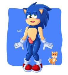 anthro blue_body blush bodily_fluids canid canine clothing duo embarrassed eulipotyphlan footwear fox fur genitals gloves goms green_eyes handwear hedgehog hi_res looking_at_viewer looking_pleasured male male/male mammal mostly_nude open_mouth penis sega shoes simple_background sonic_(series) sonic_the_hedgehog sonic_the_hedgehog_(series) surprised_expression sweat sweatdrop tails tapering_penis yellow_body