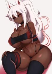 1girls absurdres black_sclera breasts cleavage coco_(bakeneko) dark-skinned_female dark_skin female female_only highres large_breasts looking_at_viewer original solo solo_female spread_legs standby thick_thighs thighhighs wide_hips