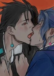 2boys black_hair blue_hair blushing closed_eyes french_kiss gay jojo's_bizarre_adventure kissing making_out male/male male_only noriaki_kakyoin open_clothes open_eyes red_background red_eyes saku_(artist) selfcest stardust_crusaders teenager tongue tongue_kiss yaoi