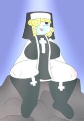 blonde_hair breasts cross crying crying_with_eyes_open curly_hair female female_focus female_only hair_over_one_eye hips large_breasts long_hair magdalene_(the_binding_of_isaac) nipple_bulge no_pants nun nun's_habit nun_outfit sitting terebision the_binding_of_isaac thick_thighs thighs tongue_out wide_hips