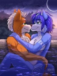 1boy 1boy1girl 1girls 2021 3:4 5_fingers anthro arm_markings black_nose blue_body blue_fur blue_hair breasts canid canine canon_couple chest_tuft colored convenient_censorship countershade_face countershade_torso countershading digital_media_(artwork) duo embrace eye_contact female fingers fox fox_mccloud fur hair hand_on_hip hand_on_shoulder heresy_(artist) hi_res hug humanoid_hands intimate jungle krystal leg_markings looking_at_another looking_at_partner male male/female mammal markings moon multicolored_body multicolored_fur night nintendo no_humans nose_to_nose noses_touching nude nudity on_lap orange_body orange_fur outside partially_submerged plant romantic romantic_ambiance romantic_couple sitting sitting_on_lap skinny_dipping sky smile star star_fox starry_sky straight sunset swimming thigh_marking tree tribal_markings tuft two_tone_body two_tone_fur video_games water wet wet_body wet_fur wet_hair white_body white_fur