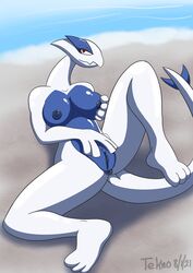 absurd_res anthro anthrofied anus beach breasts female genitals hi_res holding_breast legendary_pokémon looking_at_viewer lugia lying nintendo nude on_back outside pokémorph pokemon pokemon_(species) pussy seaside solo spread_legs spreading teknomekanoid video_games