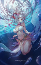 1girls alternate_costume bare_legs barefoot bikini breasts clothes_lift female fire_emblem fire_emblem_heroes flower flower_necklace freyja_(fire_emblem) freyja_(summer)_(fire_emblem) grey_hair hair_flower hair_ornament horns jewelry large_breasts long_hair mitsu_art necklace nintendo pelvic_curtain red_eyes red_horns solo swimsuit thick_thighs underwater very_long_hair white_bikini white_swimsuit