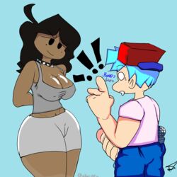 balls big_breasts blue_balls blue_balls_(disambiguation) boyfriend_(friday_night_funkin) breasts dark-skinned_female female friday_night_funkin light-skinned_male penis shorter_male shorts smaller_male sunday_(bbpanzu) tank_top thick_thighs wide_hips