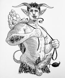 1boy bag_of_sex_toys balls ballsack chin_tuft demon dildo erect_penis erection facial_hair foreskin forked_tongue horned_humanoid horns humanoid intact krampus long_tongue lorum_piercing male male_focus male_only monochrome multiple_dildos mythology partially_retracted_foreskin penis penis_piercing pointy_ears prince_albert_piercing pubes pubic_hair scrotum solo spencart18 tail testicles tongue_out uncut