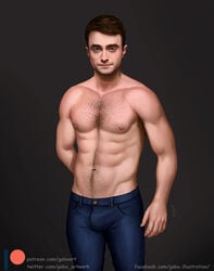 1boy abs arms_behind_back artist_name athletic athletic_male beard blue_eyes brown_hair bulge celebrity daniel_radcliffe gabo_artist grey_background hairy hairy_chest hairy_male hand_behind_back jeans light-skinned_male light_skin looking_at_viewer male male_only moustache muscles muscular muscular_male pants partially_clothed real_person safe shirtless short_hair simple_background solo solo_male standing topless topless_male url