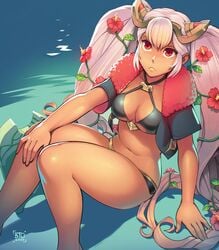 1girls alternate_costume bare_legs bikini black_bikini black_swimsuit bt_offbrand cleavage dark-skinned_female dark_skin fire_emblem fire_emblem_heroes frown laevatein_(fire_emblem) laevatein_(summer)_(fire_emblem) long_hair medium_breasts multicolored_hair nintendo pink_hair red_eyes sitting solo swimsuit twintails very_long_hair