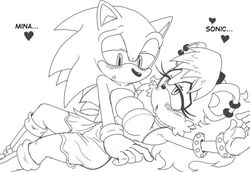 1boy 1girls accessory anthro archie_comics big_breasts blush boots breasts clothed clothed_sex clothing dialogue ear_accessory ear_piercing eye_contact eyelashes furry gloves heart long_hair lying_down mammal mina_mongoose mongoose narrowed_eyes open_mouth romantic romantic_couple sega sketch skirt sonic_(series) sonic_the_hedgehog sonic_the_hedgehog_(archie) sonic_the_hedgehog_(comics) sonic_the_hedgehog_(series) spiky_hair tail thick_thighs unknown_artist white_background wholesome wrist_cuffs