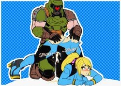 1boy 1boy1girl 1girls armor blonde_hair blue_eyes blush crossover cum doggy_style doggystyle doom doom_eternal doom_slayer_(doom) eastern_and_western_character eyes_rolling_back female from_behind id_software jack-o_pose killerghost male male/female metroid microsoft muscular_male nintendo ponytail samus_aran sex spread_legs straight straight_sex torn_bodysuit zero_suit zero_suit_samus