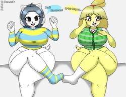 2021 2girls animal_crossing big_ass big_breasts big_butt black_eyes black_hair blonde_hair breasts bubble_ass bubble_butt camael clothed female_only furry furry_only isabelle_(animal_crossing) nintendo nipples socks temmie_(undertale) thick_thighs thighs undertale wide_hips