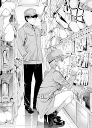 1boy ankle_boots baseball_cap bikini boots chicke_iii coat commentary_request dildo female go-toubun_no_hanayome greyscale hand_in_pocket hand_on_headwear hat high_heels highres mannequin monochrome nakano_ichika nervous_sweating sex_shop sex_toy shop shopping short_hair smile sweat swimsuit tile_floor tiles trench_coat uesugi_fuutarou