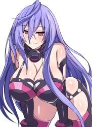 big_breasts bodysuit iris_heart looking_at_viewer looking_down neptunia_(series) plutia purple_eyes purple_hair stiris_rangetsu thick_thighs