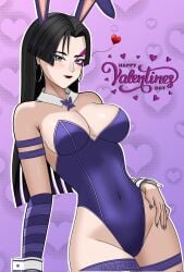 black_hair black_lipstick black_nails bunny_ears bunnysuit daikiri_di_mon grey_eyes heart marvel marvel_comics marvel_rivals psylocke psylocke_(marvel_rivals) smiling smiling_at_viewer valentine's_day