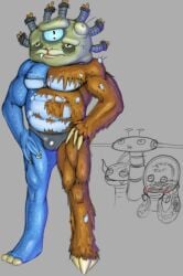 3_eyes 4_fingers 4_toes anthro bara blue_sclera blue_skin brown_fur bulge claws dragong ethereal_monster ethereal_workshop evilevilevil fat full_body green_skin grey_background hands_on_hips male_focus mech_islet monster muscular muscular_male my_singing_monsters nebulob nitebear onlookers piplash self_upload spandex staring_at_another suggestive underwear warts