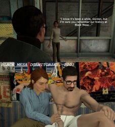 1boy 1girls 3d artist_request caption comic dialogue elevator english_text erect_penis erection female flashback fully_clothed_female garry's_mod gordon_freeman half-life_(series) half-life_2 handjob hev_suit judith_mossman male penis sitting_on_bed talking text underwear valve